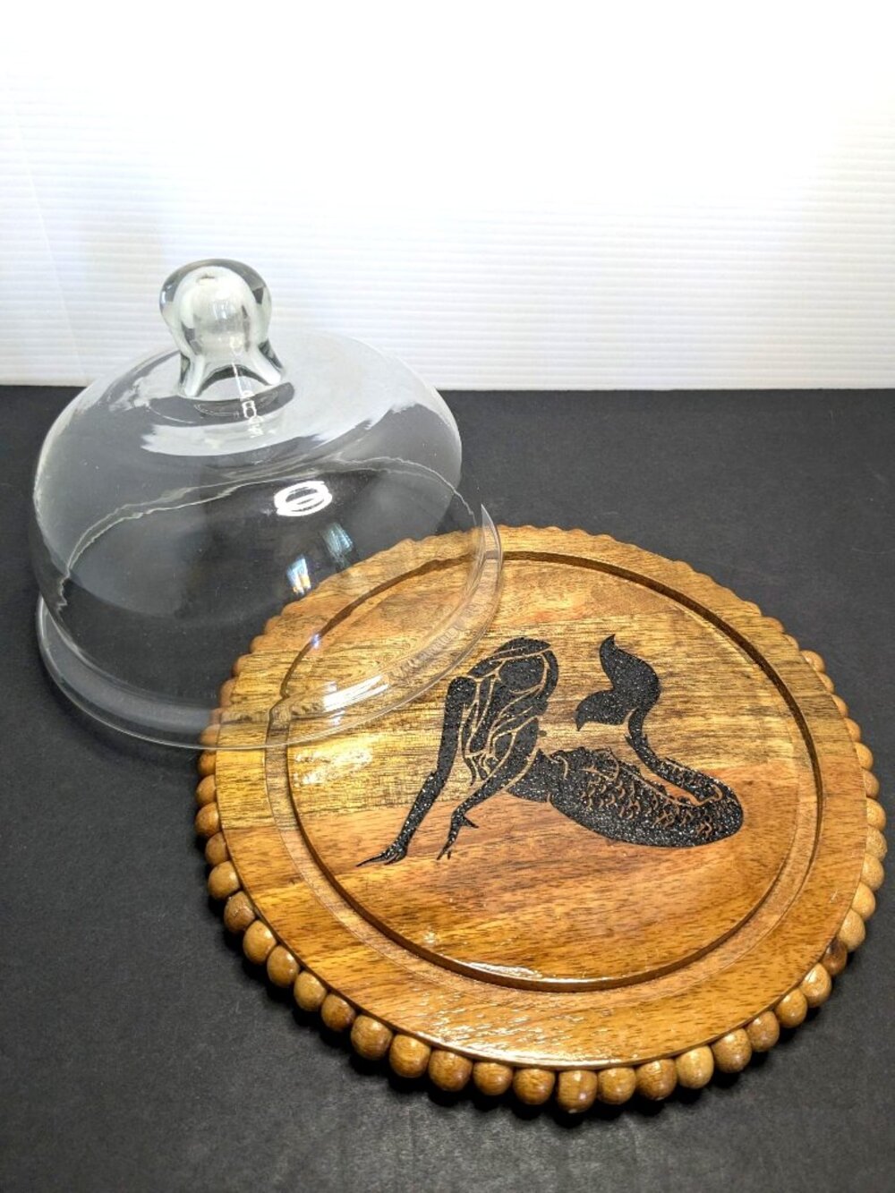 Mermaid Wooden Cheese Plate Glass Dome Decorative Branded Beaded Wood Trim